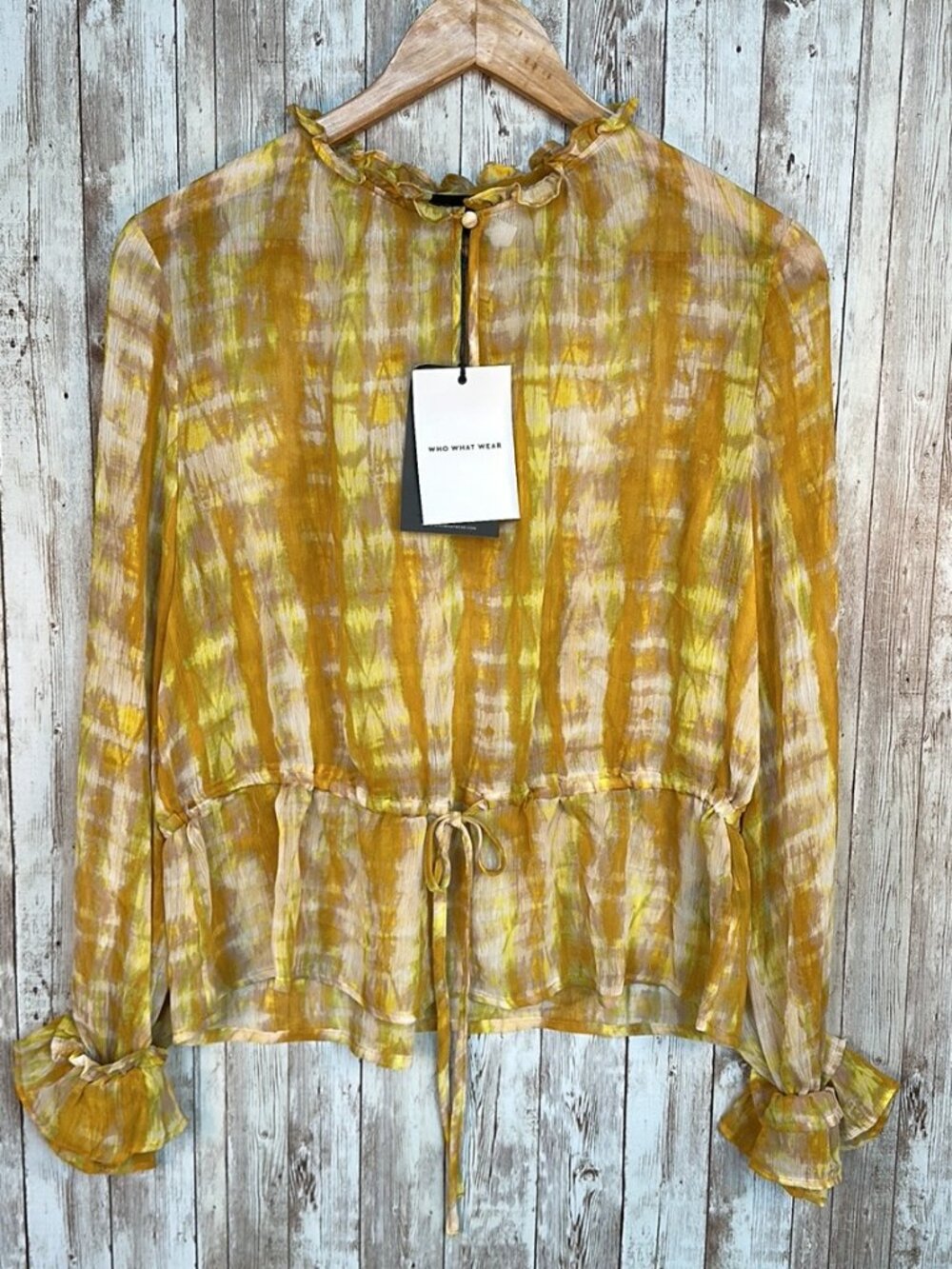 Who What Wear Blouse sz L Sheer Tie Dye Long Sleeve Ruffled Cuffs Cut Out Yellow